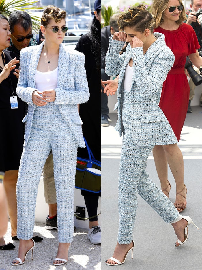 Kristen Stewart wearing a Chanel Resort 2019 high-waisted suit with white Aquazzura 'Casablanca' sandals.