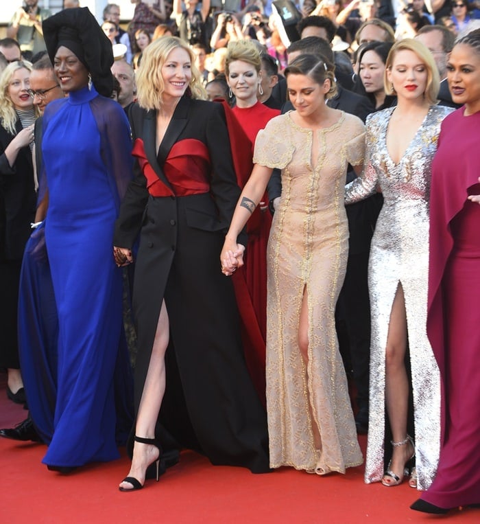 Lea Seydoux, Kristen Stewart, Cate Blanchett, Ava DuVernay, and Khadja Nin pose together during the closing ceremony in Cannes, France, on May 19, 2018