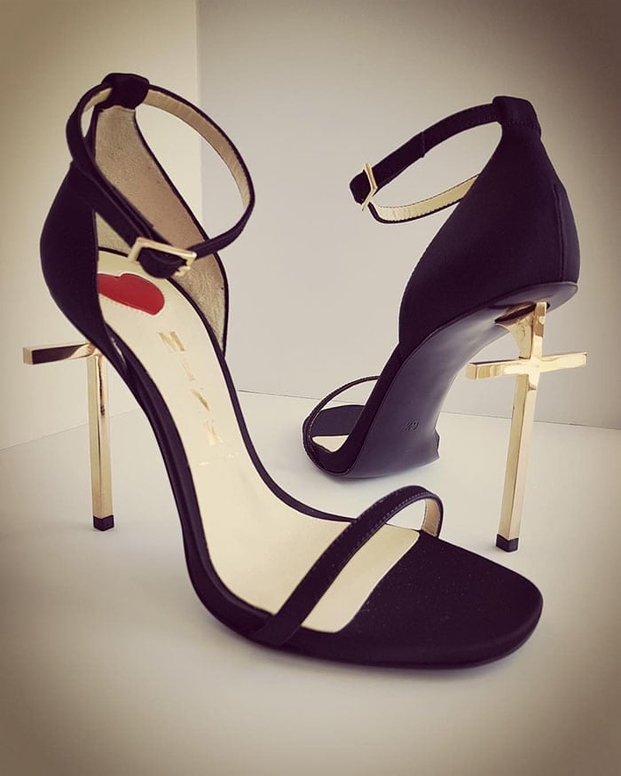 Miley Cyrus' custom vegan ankle-strap sandals with gold cross heels by Mink Shoes.