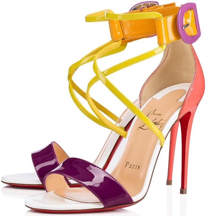 This high-heeled patent leather sandal in vibrant retro tones features an aerial cut with an upper double strap and adjustable ankle strap