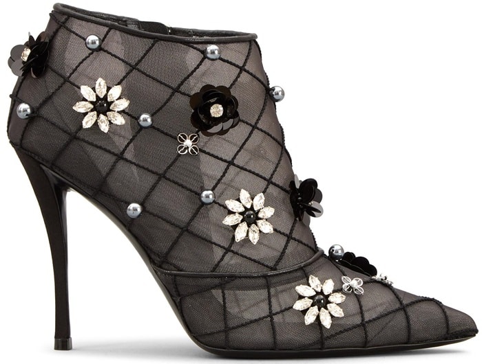 Ankle boots with rhinestone appliques, pearls and micro-sequins, metallic leather trims, side zip closing