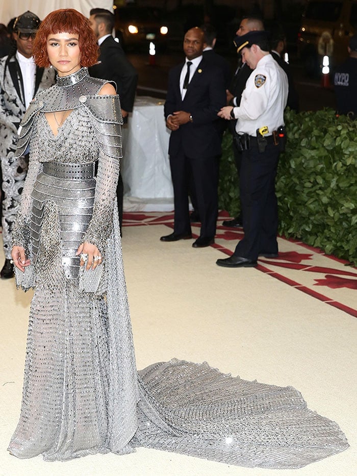 Zendaya channeling Joan of Arc in an Atelier Versace armor and chainmail gown.