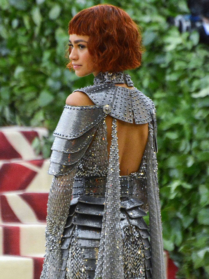Back details of Zendaya's Atelier Versace armor gown.