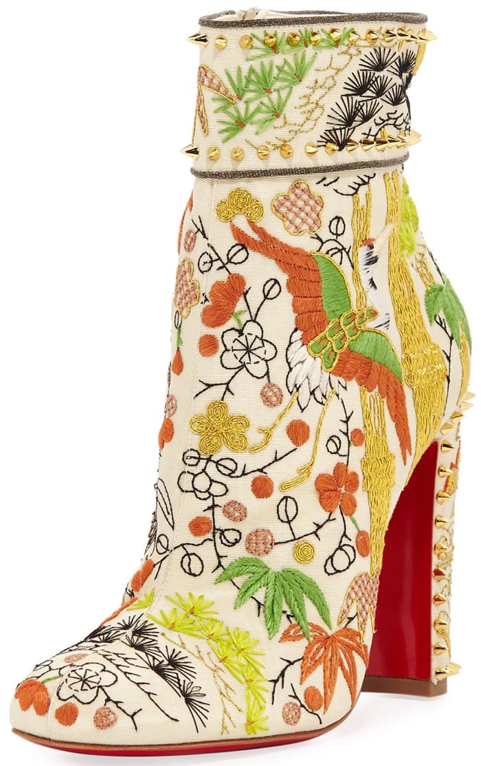 Crane embroidered Bamboot booties from Christian Louboutin that are inspired by the Far East’s beauty