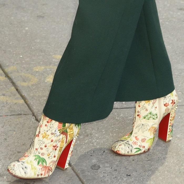 Jessica Chastain rocking crane embroidered 'Bamboot' booties from Christian Louboutin that are inspired by the Far East’s beauty