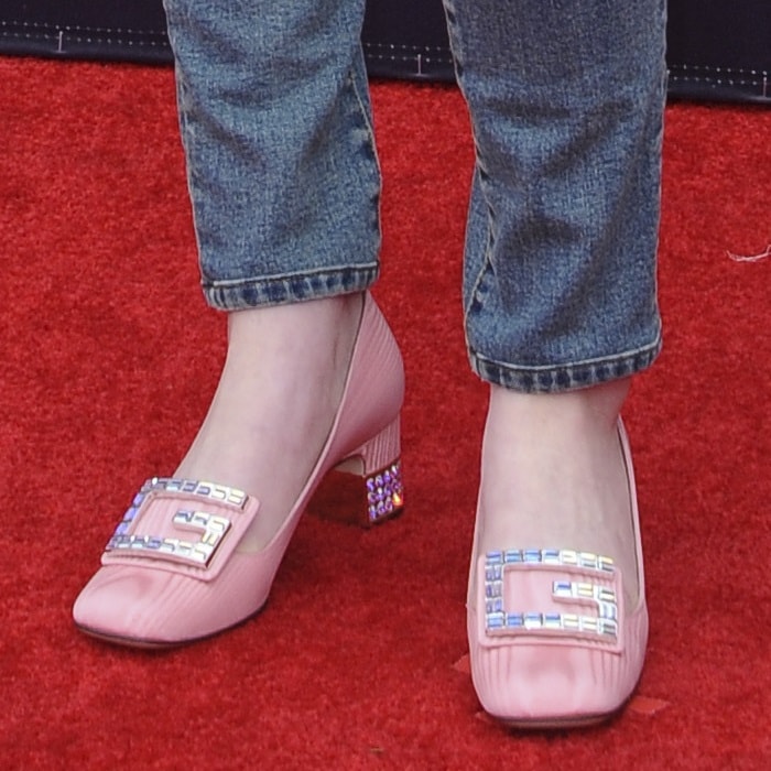 Sadie Sink's feet in light pink 'Madelyn' silk moiré pumps