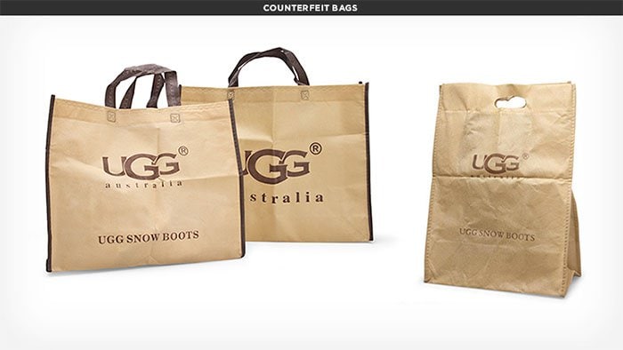 Counterfeit UGG products are often sold with branded bags or packaging, such as 'UGG Snow Boots' bags, which are never used for authentic UGG purchases