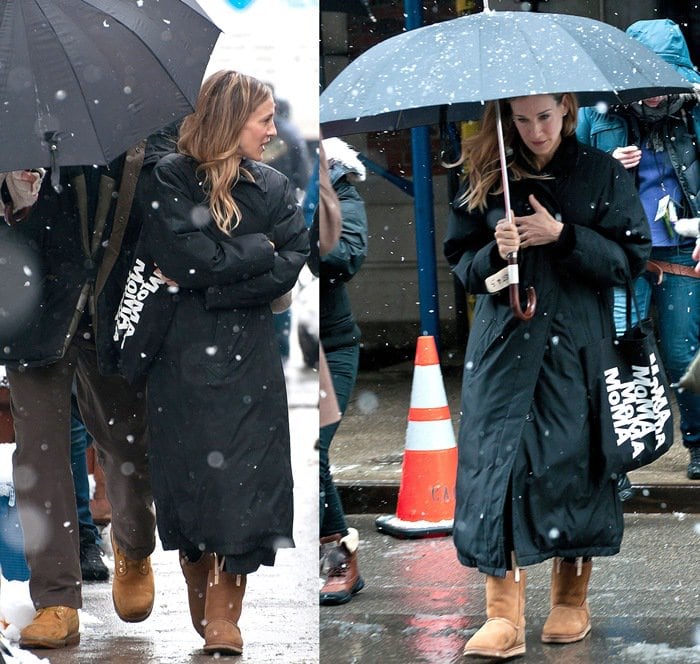 Sarah Jessica Parker wearing UGG boots on the film set of "I Don't Know How She Does It" in the West Village of Manhattan on January 26, 2011