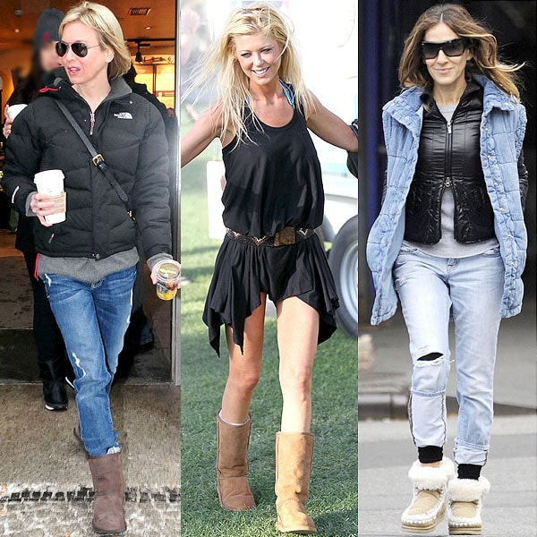 Uggs through the seasons: Renee Zellweger stays warm with coffee and her Ugg boots in snowy weather in Berlin, Germany on February 10, 2010; Tara Reid dances in her Ugg boots at the 2011 Coachella Valley Music and Arts Festival on April 15, 2011; Sarah Jessica Parker keeps comfy in her sheepskin boots as she takes her son to his school in New York on January 17, 2013