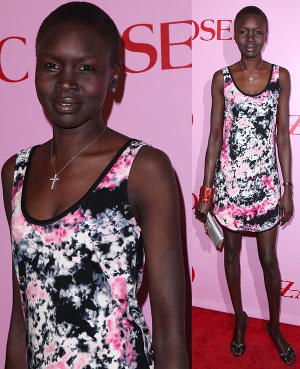 Alek Wek elegantly flaunts a multicolored tie-dye tank dress, highlighting the versatility of the tie-dye trend, at the Zac Posen for Target event in 2010