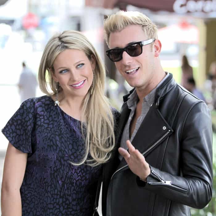 Stephanie Pratt and her new boyfriend leaving after filming a scene for the TV show, 'The Hills' at The Coral Tree Cafe