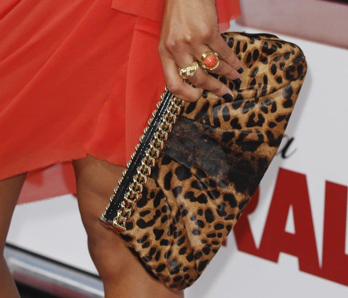 Zoe Saldana complements her outfit with a chic leopard print handbag, merging classic elegance with a hint of wild charm at the premiere of her new film, Death at a Funeral, held at Arclight Cinema in Los Angeles on April 12, 2010