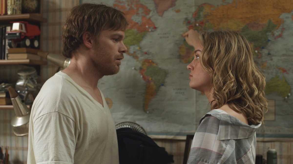 Michael C. Hall as Morris Bliss and Brie Larson as Stephanie Jouseski in the American indie comedy film The Trouble with Bliss