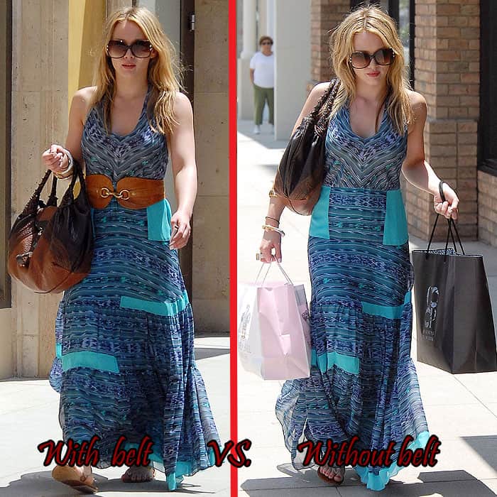 Hilary Duff wisely ditching the wide brown belt she initially accessorized a blue maxi dress with while shopping in Glendale in Los Angeles, California, on July 7, 2008