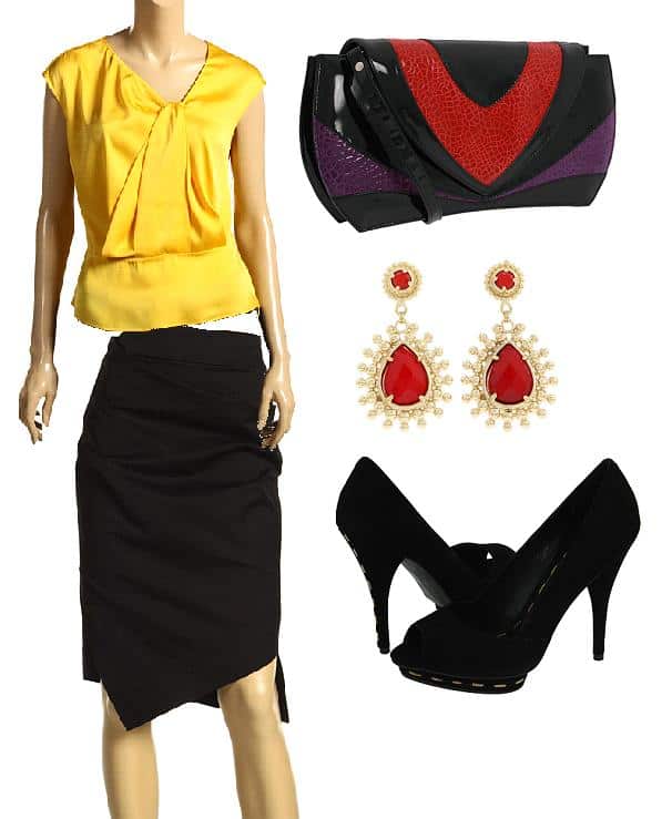 A black skirt styled with a yellow silk blouse, jewelry, a clutch, and black pumps
