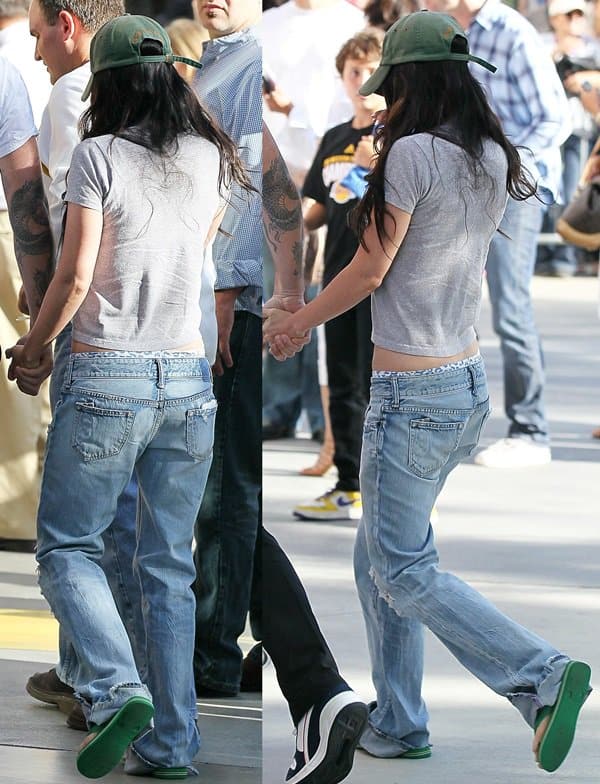 At the Lakers vs Celtics game in Los Angeles on June 15, 2010, Megan Fox was seen wearing light wash Prps Firebird Lady Jeans and green Havaianas Brazil Top flip flops