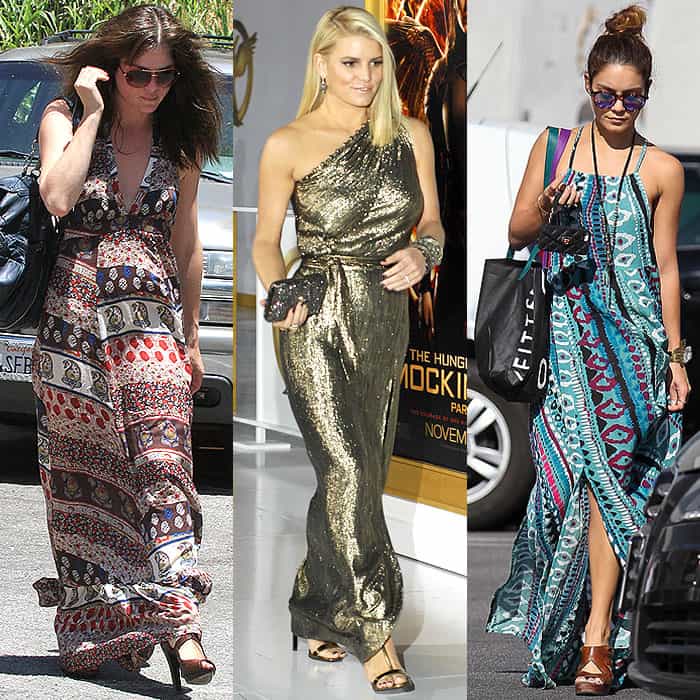 Selma Blair, Jessica Simpson, and Vanessa Hudgens in maxi dresses with elongating elements, spotted in various locations (2014)