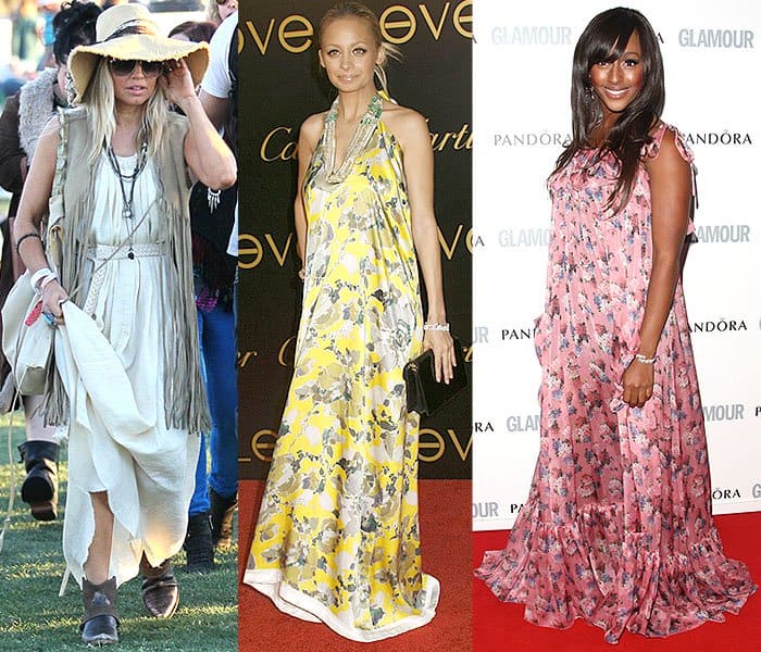 Fergie, Nicole Richie, and Alexandra Burke in voluminous maxi dresses that overpower their petite frames, seen in various locations (2008-2012)