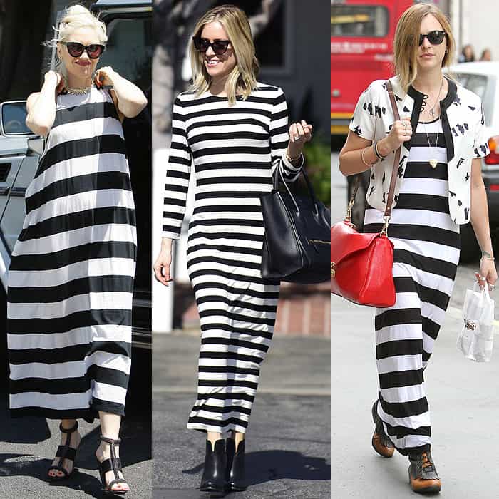 Gwen Stefani in a striking bold-striped maxi at a kids' party, Hollywood, California (Apr 28, 2012) / Kristin Cavallari sports a bold-striped maxi, not ideal for petites, while leaving Fred Segal, Los Angeles, California (Oct 23, 2014) / Fearne Cotton in a contrasting striped maxi, an unflattering choice for petites, at BBC Radio 1 studios, London, England (Jul 27, 2010)