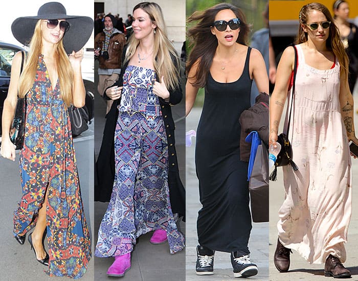 Paris Hilton, Joss Stone, Myleene Klass, and Jemima Kirke in footwear choices that clash with their maxi dresses (2010-2014)