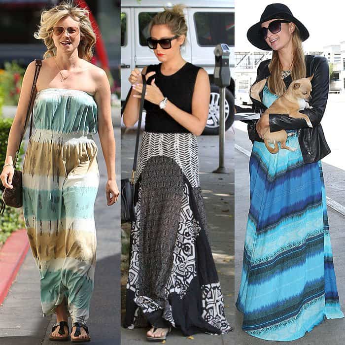 Amy Smart in a color-block-dyed strapless maxi dress, an unideal choice for petites, spotted in West Hollywood, Los Angeles, CA (Apr 25, 2013) / Ashley Tisdale's two-piece maxi dress visually shortens her height, seen in Los Angeles, CA (Jun 12, 2014) / Paris Hilton in a monochromatic color-block maxi, not the best pick for shorter statures, at LAX Airport (May 8, 2014)
