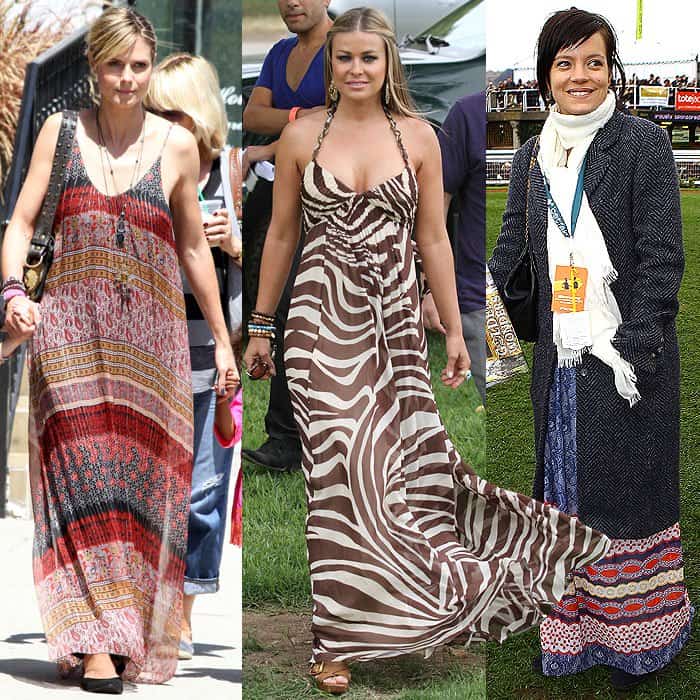 Heidi Klum wearing a horizontally paneled maxi dress that petites should avoid while out and about in Brentwood, California, on April 21, 2012; Carmen Electra busting out of an animal-print halter-neck maxi dress at the Elizabeth Glaser Celebrity Carnival in Santa Monica, California, on June 13, 2010; Lily Allen wearing a border-hemmed maxi dress that draws the eye downwards at the Cheltenham Festival at Cheltenham, England, on March 18, 2011