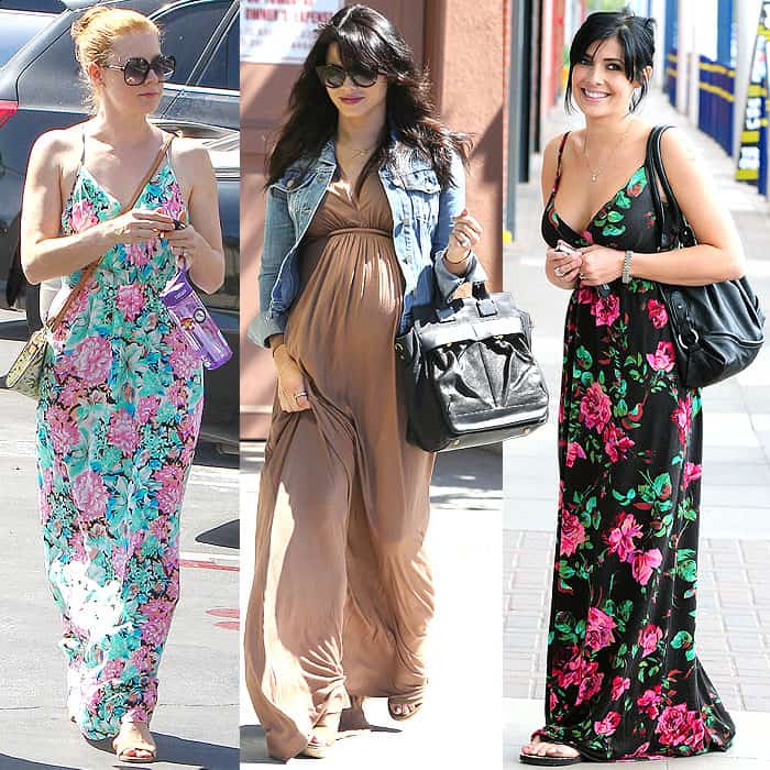 Amy Adams accentuates her height with a floor-grazing maxi while at Macy's in Sherman Oaks, Los Angeles, California (Sep 6, 2014) / Pregnant Jenna Dewan-Tatum elegantly elongates her figure in a full-length maxi dress, seen in Santa Monica, California (Mar 13, 2013) / Kym Marsh enhances her petite frame with a floor-sweeping maxi during a shopping trip in Manchester, England (May 4, 2010)