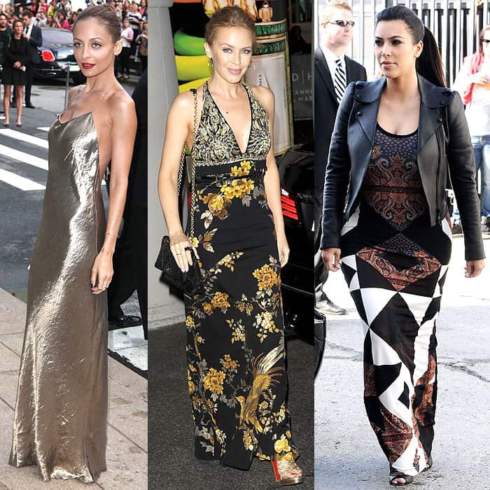 Nicole Richie in a sleek silk-satin maxi at the CFDA Awards, New York City (Jun 4, 2013) / Kylie Minogue in a slim cut empire-waist halter maxi in Cannes, France (May 20, 2014) / Kim Kardashian in a fitted geo-print maxi while filming in Los Angeles, CA (Feb 27, 2013)