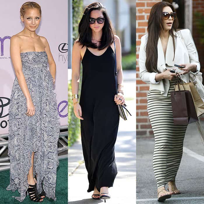 Nicole Richie, Olivia Munn, and Kim Kardashian pair strappy heels and open sandals perfectly with their maxi dresses (2008-2014)