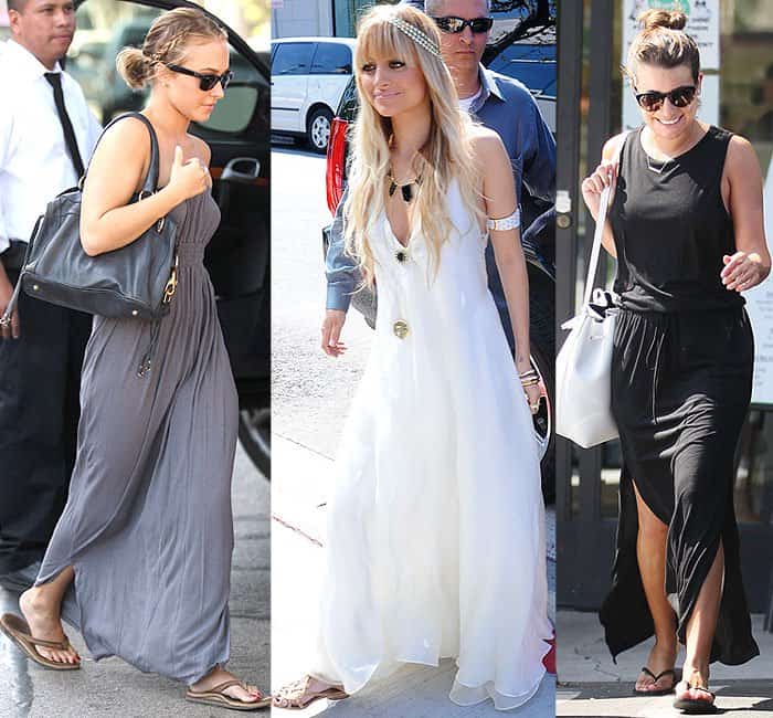 Hayden Panettiere elegantly styled in a flowy, gray, strapless maxi dress for a lunch outing in Los Angeles, CA (Nov 12, 2008) / Pregnant Nicole Richie radiates in a white maxi dress at the House of Harlow Jewelry launch, Los Angeles, CA (Mar 7, 2009) / Lea Michele opts for a casual yet chic two-slit black maxi dress in West Hollywood, Los Angeles, CA (Oct 13, 2014)