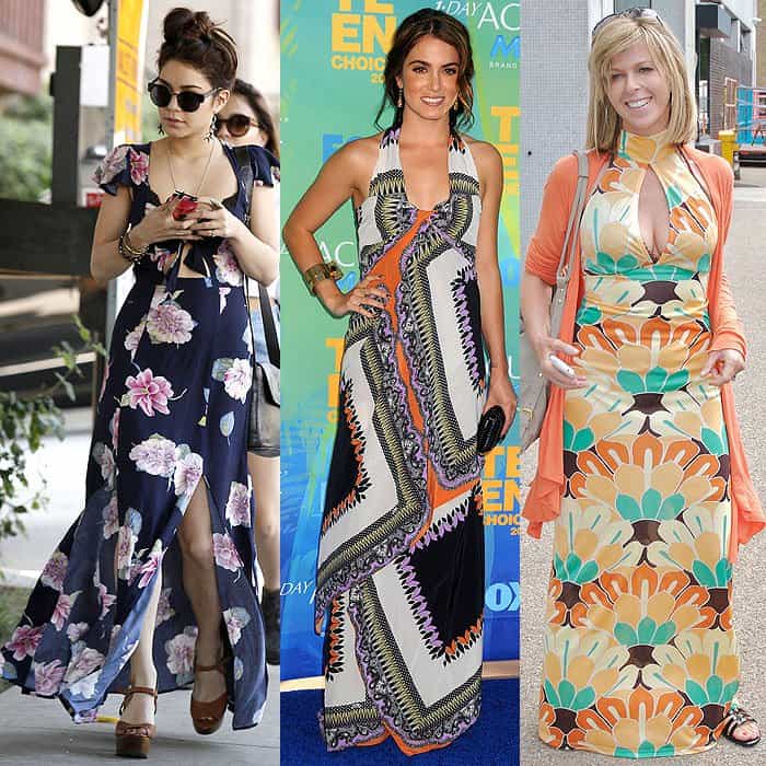 Petite celebrities overwhelmed by large, busy prints: Vanessa Hudgens in West Hollywood, Los Angeles, CA (Mar 27, 2013), Nikki Reed at the 2011 Teen Choice Awards, and Kate Garraway in London, England (Jul 20, 2010)