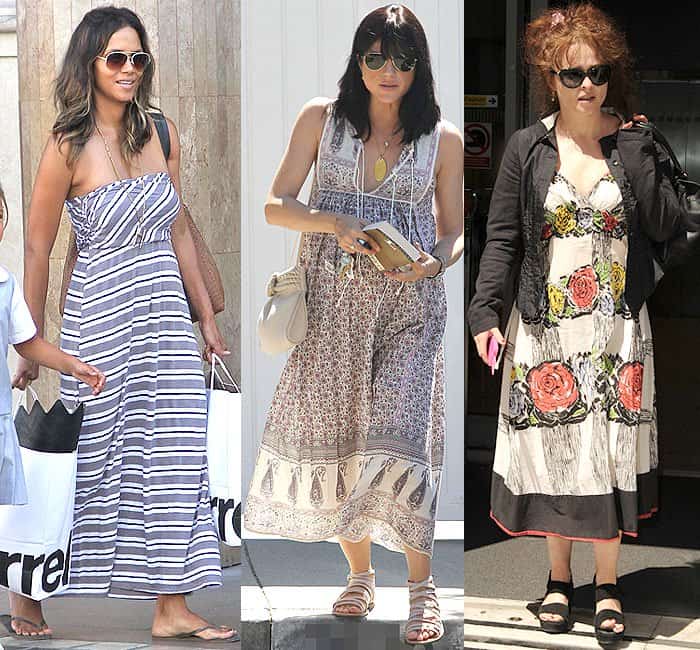 Halle Berry in an ankle-length, horizontally striped strapless maxi, reducing height appearance, spotted at The Grove, Hollywood, California (Sep 29, 2014) / Pregnant Selma Blair in an ankle-length printed maxi with strappy sandals, not height-flattering, leaving a residence in West Hollywood, Los Angeles, California (Apr 27, 2011) / Helena Bonham Carter, at 5'2", appears more petite in a tea-length maxi dress, seen leaving Radio 2 studios, London, England (Jun 12, 2014)