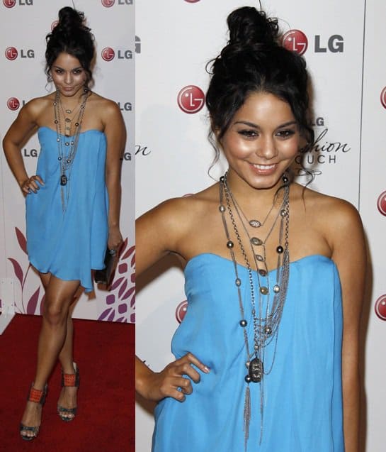 Vanessa Hudgens dazzles in a striking blue Tibi strapless mini dress at the 'Night Of Fashion & Technology With LG Mobile Phones' hosted by Victoria Beckham and Eva Longoria