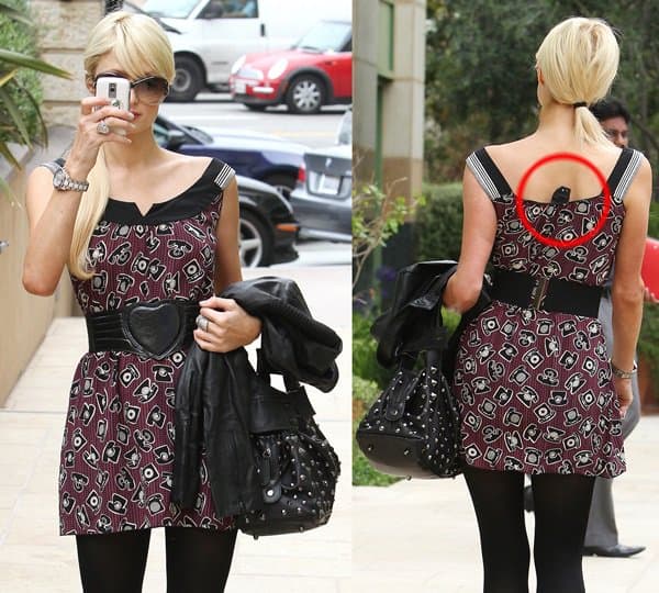 Paris Hilton effortlessly showcases her chic, figure-hugging mini dress, styled with edgy accessories for a bold yet playful look