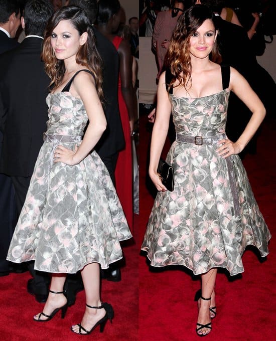 Actress Rachel Bilson wearing a Louis Vuitton dress and heels at the Costume Institute Gala Benefit to celebrate the opening of the "American Woman: Fashioning a National Identity" exhibition at The Metropolitan Museum of Art