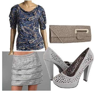 This outfit combines MICHAEL Michael Kors's paisley cascade top, Rory Beca's layered tweed skirt, a Big Buddha Cosmopolitan clutch, and Calvin Klein's Christine pumps, resulting in a chic and sophisticated ensemble suitable for a variety of occasions
