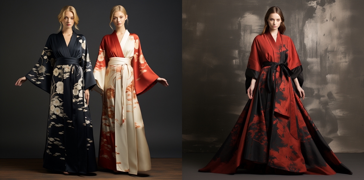 Kimono dresses draw inspiration from the classic silhouette and design elements of the kimono, such as the wide sleeves, wrap-front, and use of sashes or belts