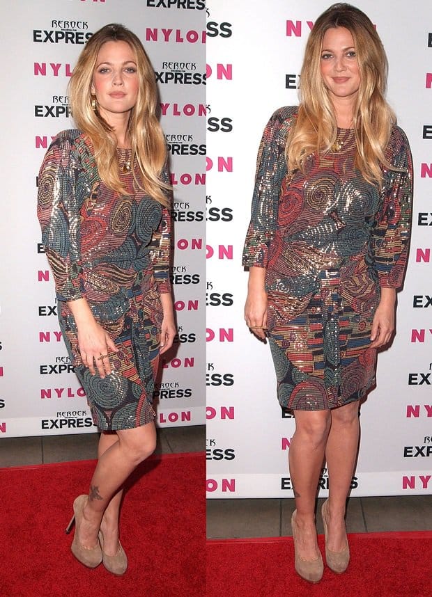 Drew Barrymore exudes retro glamour in a shimmering vintage sequin dress paired with nude suede pumps at the Nylon + Express August Denim Issue Party at The London Hotel in West Hollywood on August 10, 2010