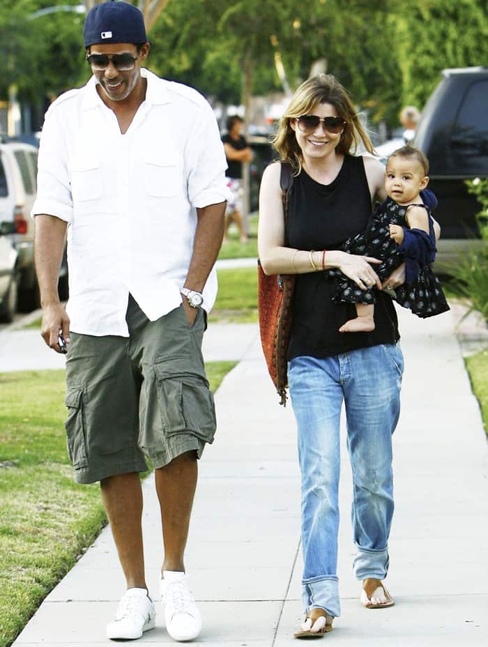 Ellen Pompeo and Chris Ivery with their daughter Stella Luna leaving a friend's home in Beverly Hills