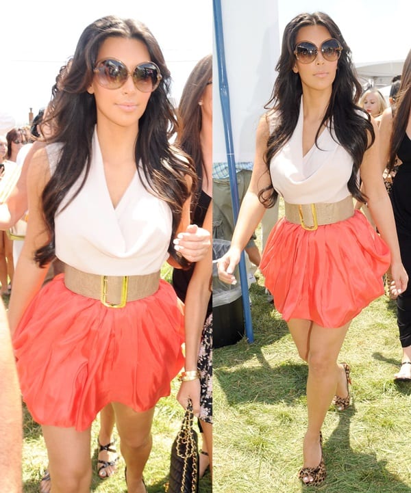 Kim Kardashian wore a Helmut Lang cowl neck tank, Christian Louboutin Madame Butterfly sandals, a Sass & Bide the Botanist skirt, and a Jack Rabbit Collection wide beige leather belt