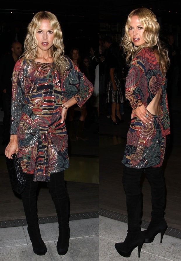 Rachel Zoe dazzles in a shimmering open-back vintage dress paired with sleek black over-the-knee boots at the Prada book launch cocktail party in Beverly Hills on November 13, 2009