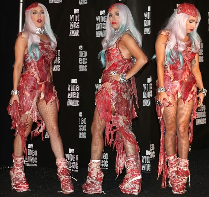 Lady Gaga's meat dress, meat shoes, meat hat and meat clutch at the 2010 MTV Video Music Awards