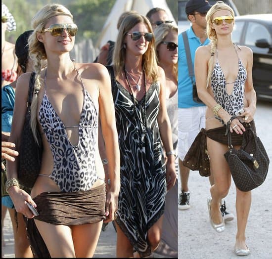 Paris Hilton soaks up the sun in a daring leopard-print monokini, metallic espadrille flats, and a Louis Vuitton bag, while Nicky Hilton stuns in a zebra-print maxi dress and strappy sandals at Nikki Beach Club in St. Tropez on July 25, 2010