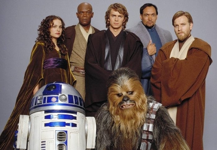 Some of the stars of Star Wars: Episode III Revenge of the Sith: (from left) Natalie Portman (Padmé Amidala), Samuel L. Jackson (Mace Windu), Hayden Christensen (Anakin Skywalker), Jimmy Smits (Bail Organa), Ewan McGregor (Obi-Wan Kenobi), R2-D2 (R2-D2) and Peter Mayhew (Chewbacca)