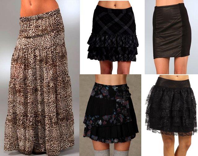 From top left (clockwise): Blu Moon Cantina Diva Long Skirt, $159; DKNYC Tiered Ruffle Skirt, $93; Theory Irmena Pencil, $200; Robert Rodriguez Layered Ruffle Skirt, $364; Free People Pleated Floral Skirt, $88