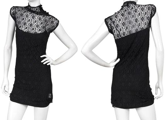 This high-neck lace dress features a 6-button closure at the shoulder