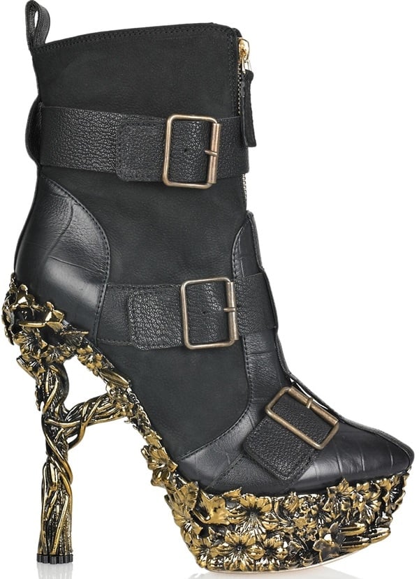Alexander McQueen Gold Floral-Engraved Buckle Leather Boots