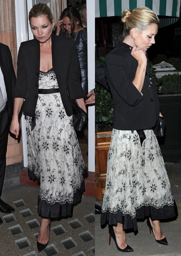 Embracing femininity: Kate Moss in a floral, vintage-style strapless dress at the 2010 Help for Heroes Auction, Harry's Bar, London, October 7, 2010