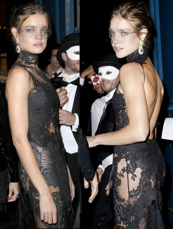 Natalia Vodianova makes a daring fashion statement in an unlined lace dress at Vogue’s 90th Anniversary Party