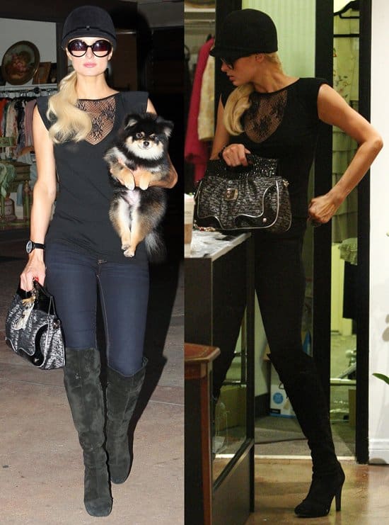 Paris Hilton indulges in late-night shopping at a Los Angeles boutique, accompanied by her beloved dog, captured on October 8, 2010